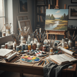 Cluttered artist's studio with brushes, paint tubes, and a landscape painting on an easel.